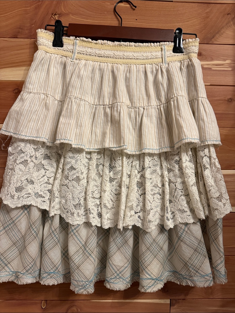 Johnny Was - 3 J Workshop- Cream Tiered Lace & Plaid A-Line Skirt
